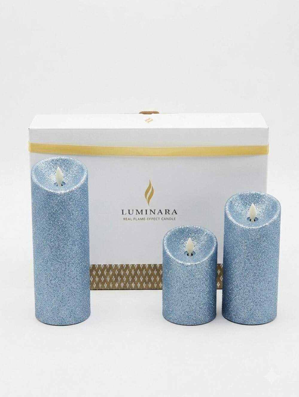 New In Box Luminara Blue Glitter Flameless Pillar Candles (3-Piece Set)